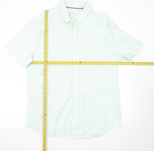 Marks and Spencer Men's Light Green Striped Regular Fit Short Sleeve Dress Shirt L