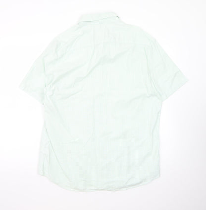Marks and Spencer Men's Light Green Striped Regular Fit Short Sleeve Dress Shirt L