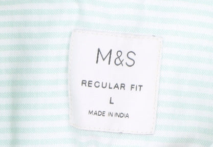 Marks and Spencer Men's Light Green Striped Regular Fit Short Sleeve Dress Shirt L