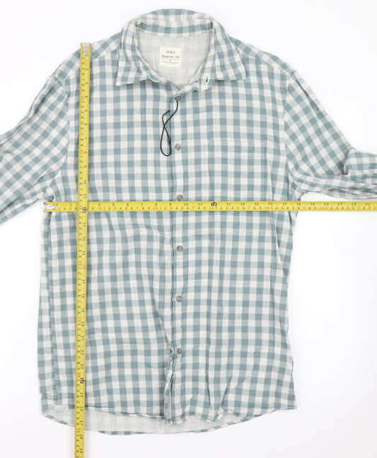 Marks and Spencer Men's Blue Check Regular Fit Cotton Shirt S