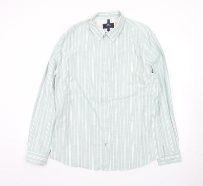 Marks and Spencer Men's Green Striped Button-Up Long Sleeve Shirt L