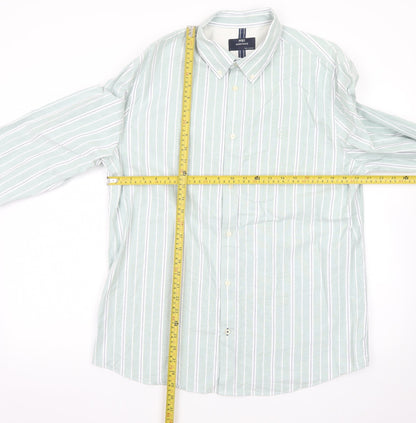Marks and Spencer Men's Green Striped Button-Up Long Sleeve Shirt L