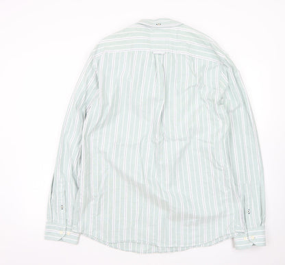 Marks and Spencer Men's Green Striped Button-Up Long Sleeve Shirt L