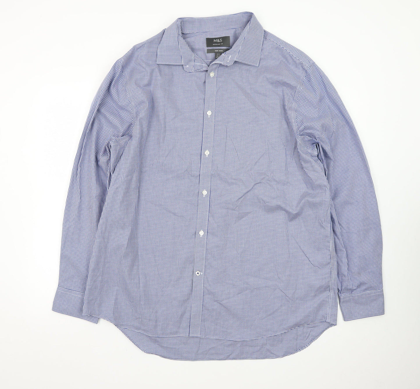 Marks and Spencer Men's Blue Check Regular Fit Non-Iron Dress Shirt 17.5”