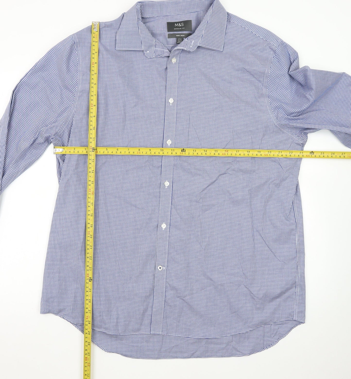 Marks and Spencer Men's Blue Check Regular Fit Non-Iron Dress Shirt 17.5”