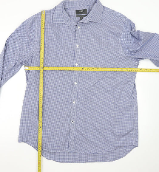 Marks and Spencer Men's Blue Check Regular Fit Non-Iron Dress Shirt 17.5”