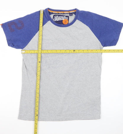 Superdry Men's Grey Blue Raglan Crew Neck Cotton T-Shirt Size M