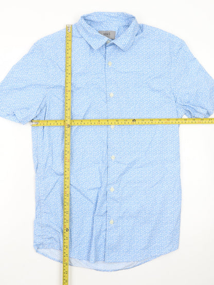 Marks and Spencer Men's Blue Floral Short Sleeve Cotton Dress Shirt S
