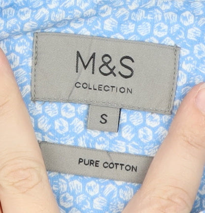 Marks and Spencer Men's Blue Floral Short Sleeve Cotton Dress Shirt S