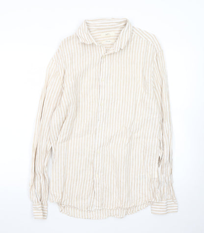 Marks and Spencer Men Beige Striped Linen Long Sleeve Shirt M