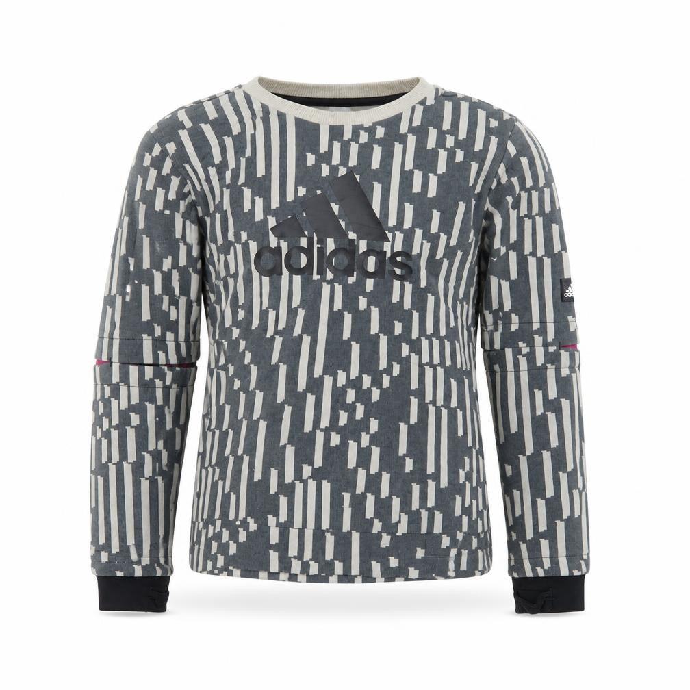 Front view of Adidas boys’ grey patterned crew neck sweatshirt xs 7-8y primegreen