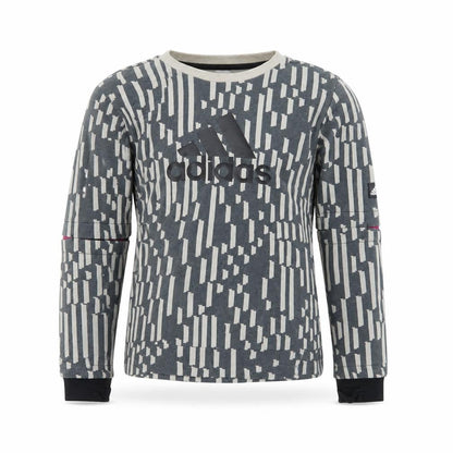 Front view of Adidas boys’ grey patterned crew neck sweatshirt xs 7-8y primegreen