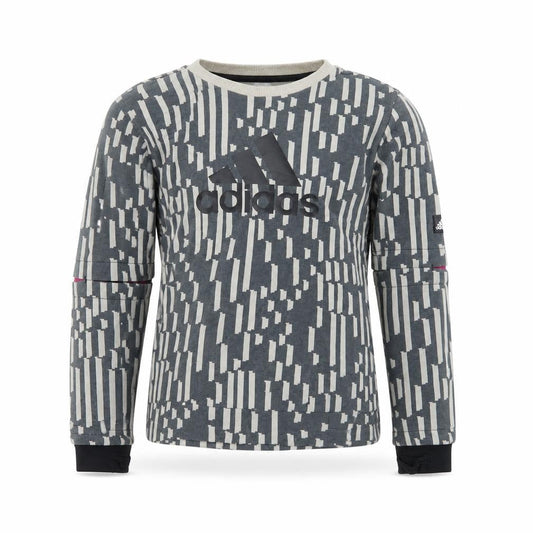 Front view of Adidas boys’ grey patterned crew neck sweatshirt xs 7-8y primegreen