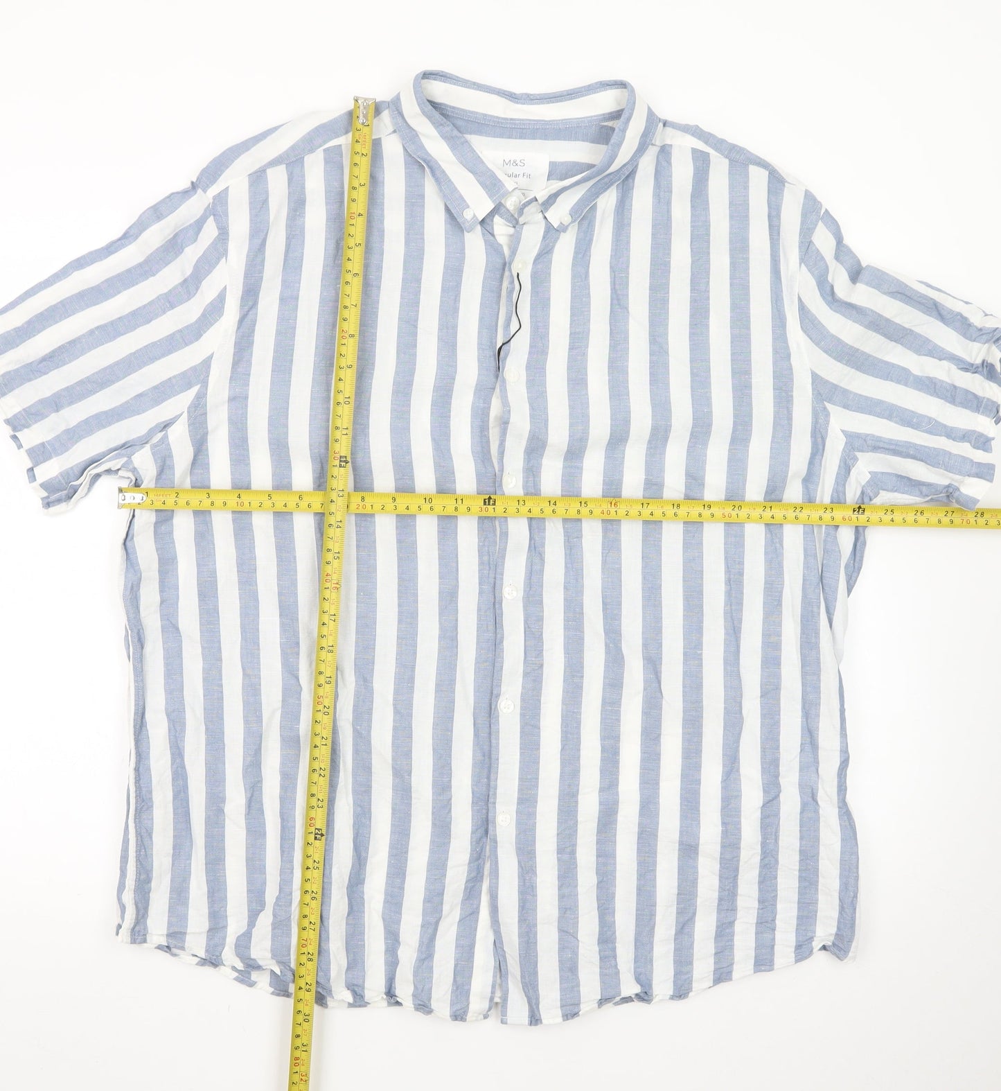 Marks and Spencer Men's Blue Striped Linen Blend Regular Fit 3XL Short Sleeve Shirt