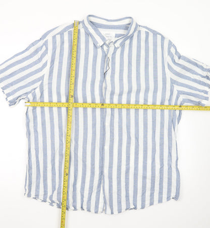 Marks and Spencer Men's Blue Striped Linen Blend Regular Fit 3XL Short Sleeve Shirt