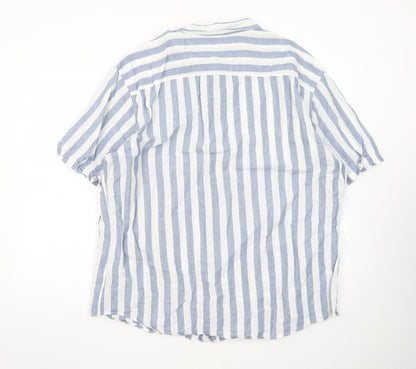 Marks and Spencer Men's Blue Striped Linen Blend Regular Fit 3XL Short Sleeve Shirt
