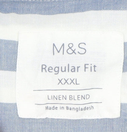 Marks and Spencer Men's Blue Striped Linen Blend Regular Fit 3XL Short Sleeve Shirt