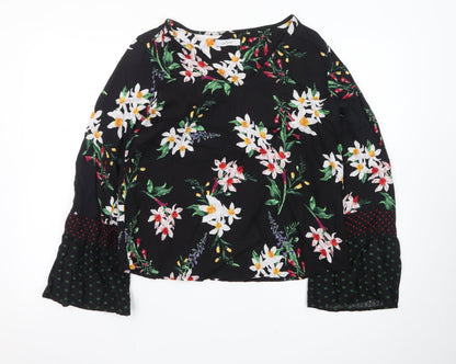Marks and Spencer Women's Black Floral V-Neck Long Sleeve Tunic Blouse Size 14