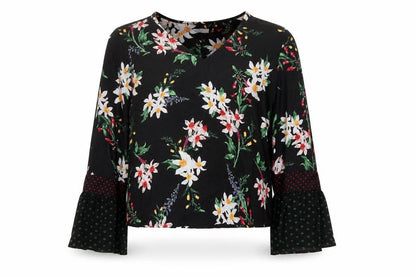 Marks & Spencer Women's Black Floral V-Neck Long Sleeve Tunic Blouse Size 14