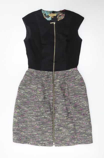 Ted Baker Women Black Multi Skater Dress Size 8 Zip Front