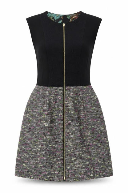 Ted Baker Women Black Multi Skater Dress Size 8 Zip Front