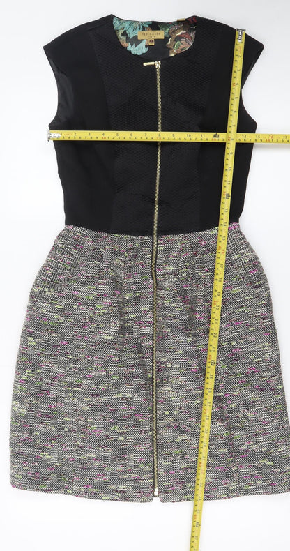Ted Baker Women Black Multi Skater Dress Size 8 Zip Front