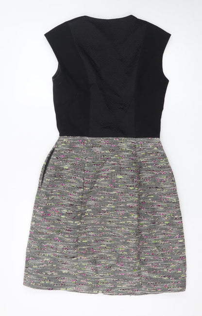 Ted Baker Women Black Multi Skater Dress Size 8 Zip Front