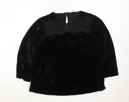 Zara Women Black Velvet Embroidered Blouse XS 3/4 Sleeve