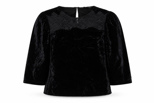 Zara Women Black Velvet Embroidered Blouse XS 3/4 Sleeve