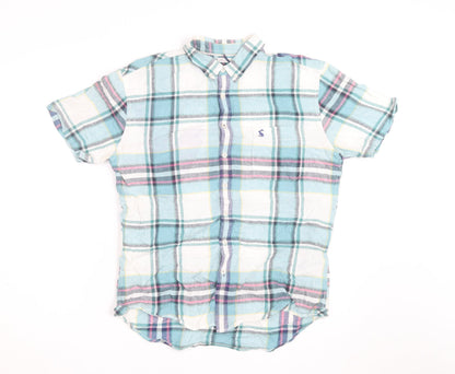 Joules Men's Blue Checked Short Sleeve Slim Fit Cotton Shirt M