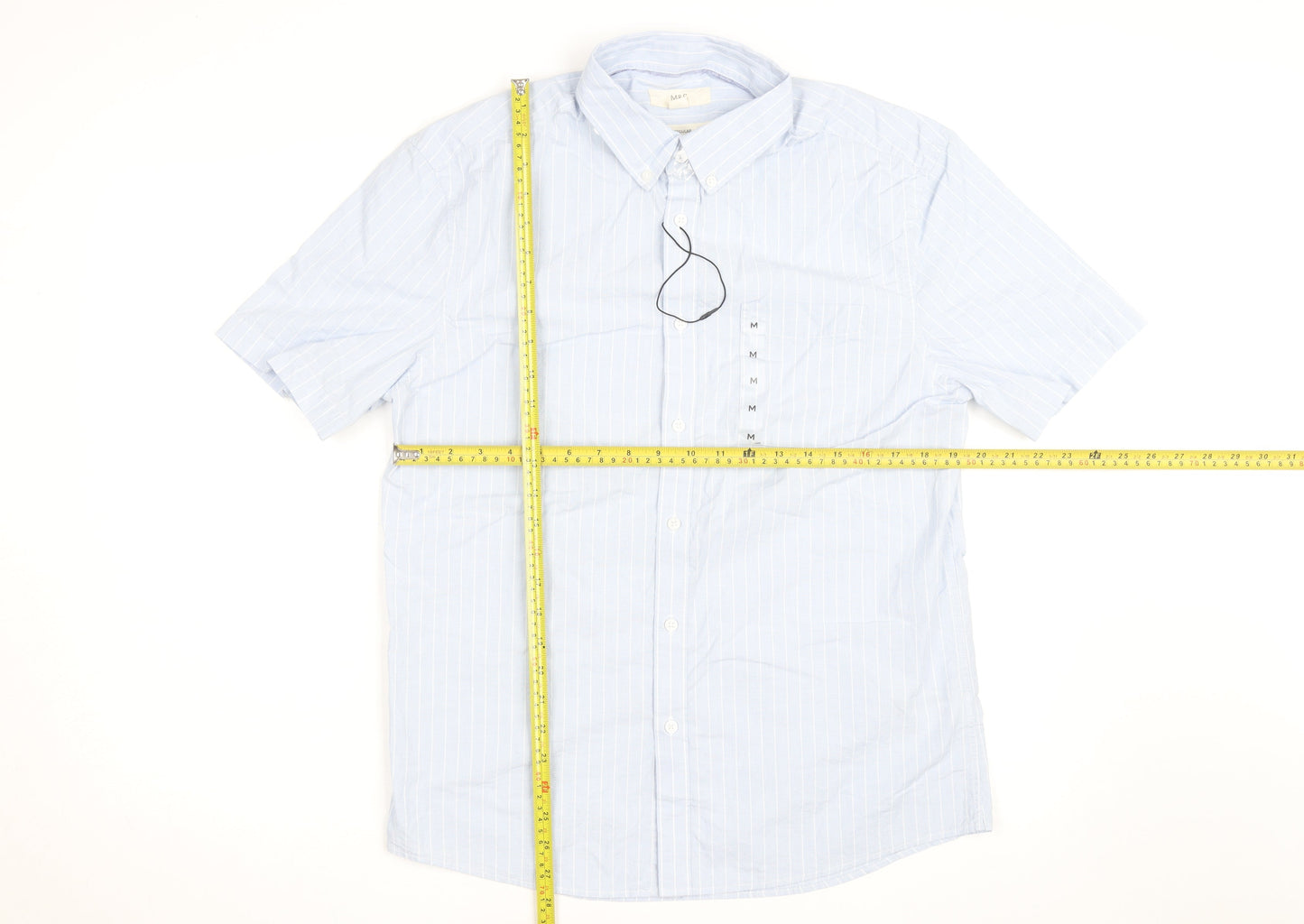 Marks and Spencer Men's Blue Striped Short Sleeve Regular Fit Shirt Size M