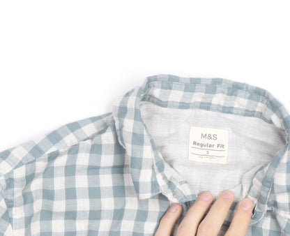 Marks and Spencer Men's Blue Check Regular Fit Cotton Shirt S