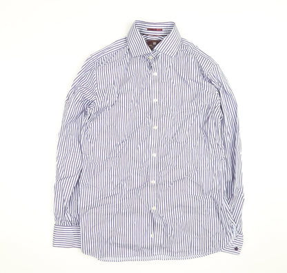 Marks and Spencer Men's Blue Striped Slim Fit 16in Cotton Shirt