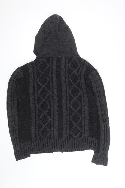 Ringspun Men's Black Hooded Cable-Knit Cardigan M