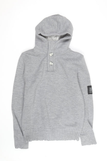 Superdry Men’s Grey Henley Hoodie Size L Knit Cotton Blend