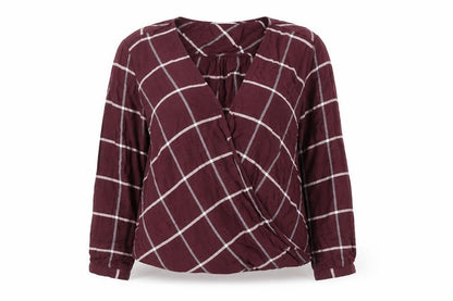 Marks and Spencer Womens Burgundy Check Wrap Blouse Size 16 Long Sleeve