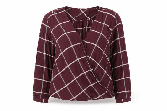 Marks and Spencer Womens Burgundy Check Wrap Blouse Size 16 Long Sleeve