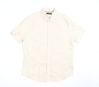Marks and Spencer Men's Beige Striped Cotton Short Sleeve Button-Up Shirt L