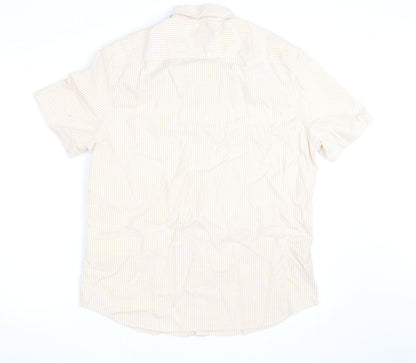 Marks and Spencer Men's Beige Striped Cotton Short Sleeve Button-Up Shirt L