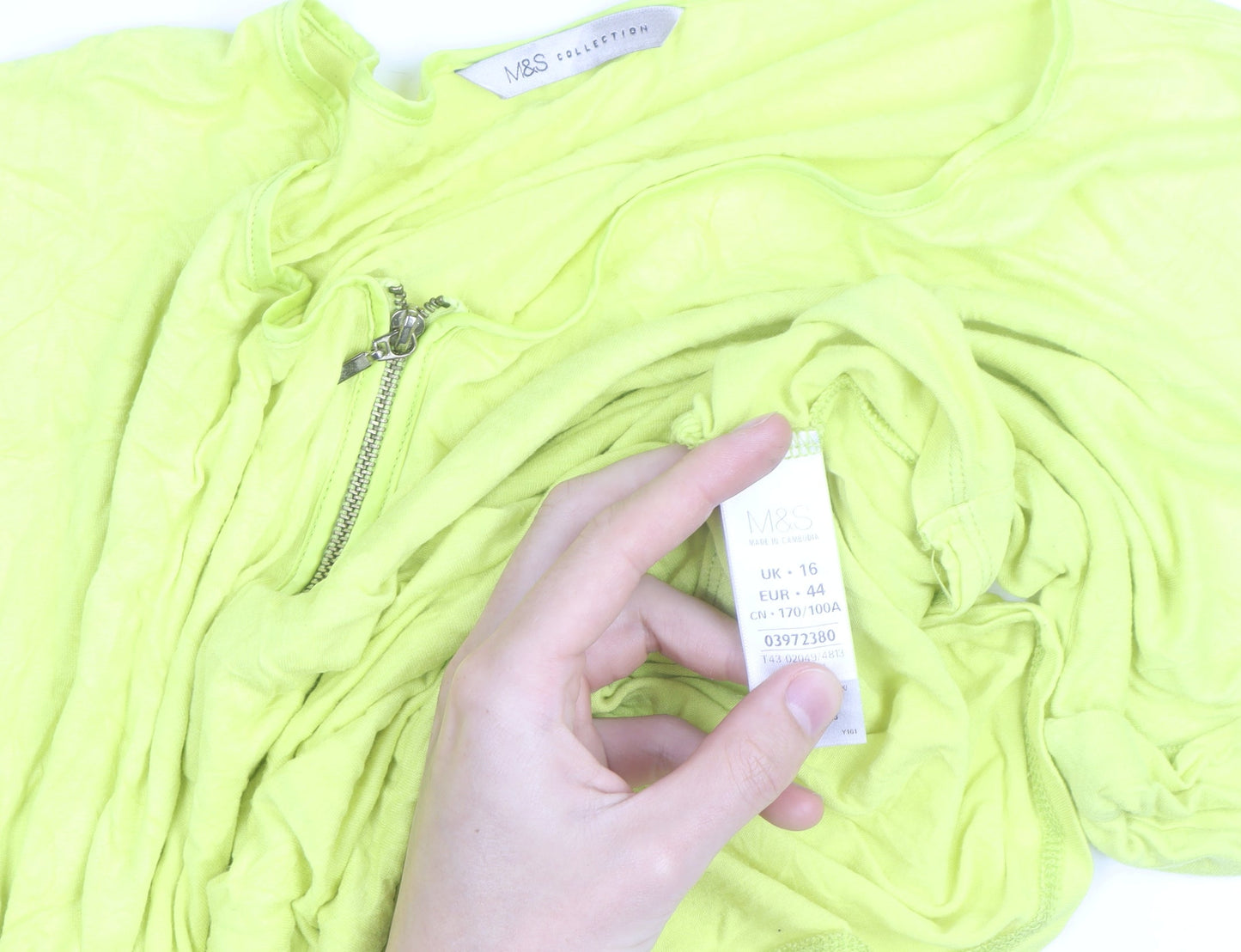 Marks and Spencer Womens Yellow Zip V-Neck T-Shirt Size 16