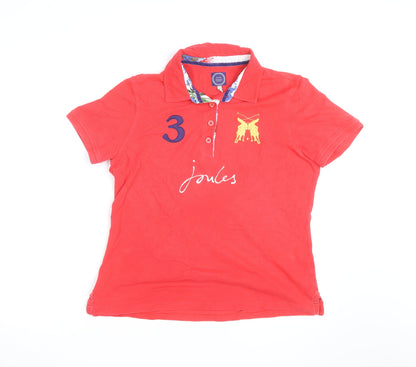 Joules Womens Red Polo Shirt Size 12 Classic Embroidered Cotton