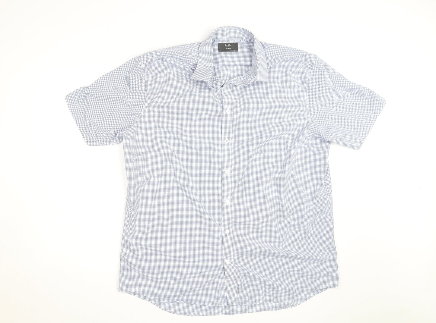 Marks and Spencer Men's Blue Check Short Sleeve Button-Up Shirt Size 17