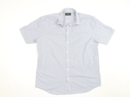 Marks and Spencer Men's Blue Check Short Sleeve Button-Up Shirt Size 17
