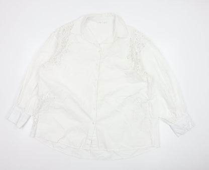 Primark Women White L Collared Lace Button-Up Shirt Long Sleeve