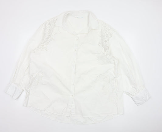 Primark Women White L Collared Lace Button-Up Shirt Long Sleeve