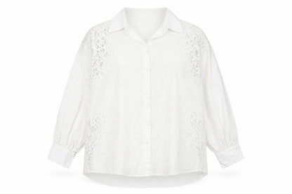 Primark Women White L Collared Lace Button-Up Shirt Long Sleeve