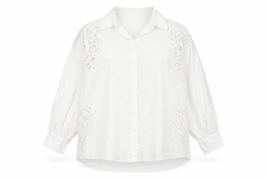 Primark Women White L Collared Lace Button-Up Shirt Long Sleeve