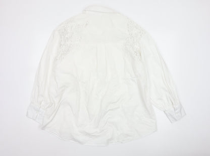 Primark Women White L Collared Lace Button-Up Shirt Long Sleeve
