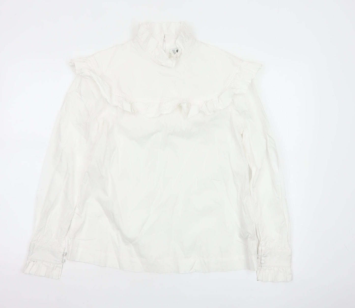 Marks and Spencer Women’s White Cotton Ruffle High Neck Blouse Size 12