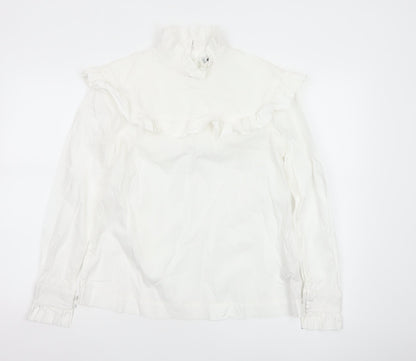 Marks and Spencer Women’s White Cotton Ruffle High Neck Blouse Size 12